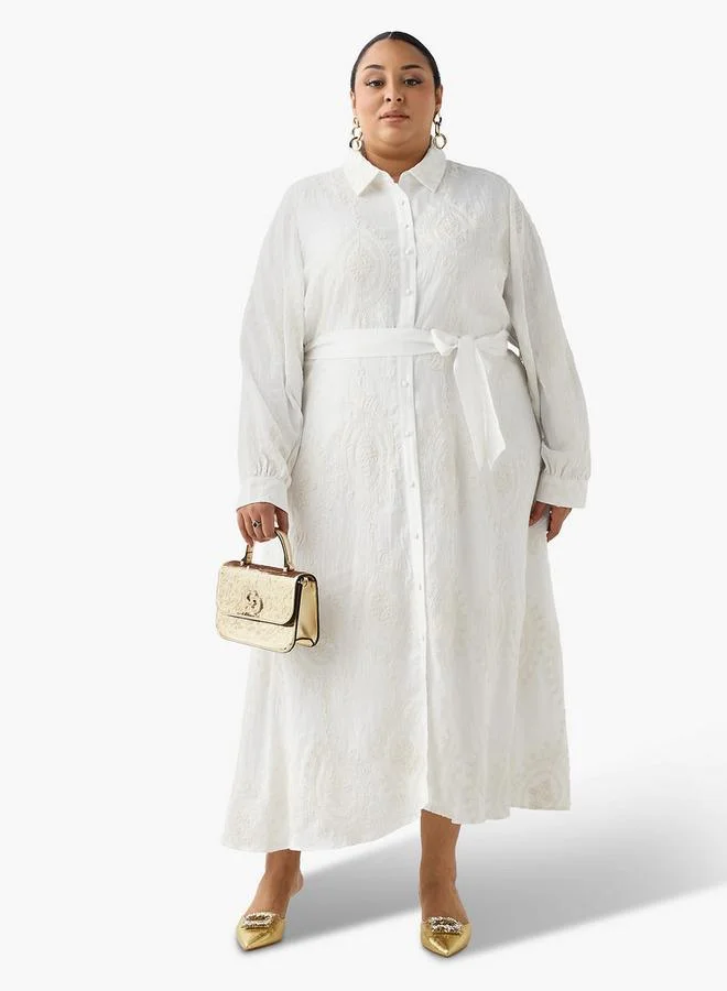  أولا بوبكن Ulla Popken Midi Shirt Dress with Floral Embroidery